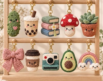 Crochet Keychain Pattern Bundle PDF, 10-in-1 Cute Food Plant & Book Bag Charms, Pickle Boba Mushroom Bow, US Terms