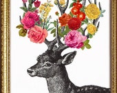 DEER LARGE ARCHIVAL print 13x 19 inches - art print digital - deer and flowers
