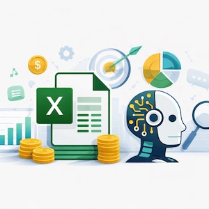 May include: An illustration featuring financial and technological concepts. Elements include stacks of gold coins, an Excel icon, a robot head, a pie chart, a target with an arrow, and a magnifying glass, all set against a white background.