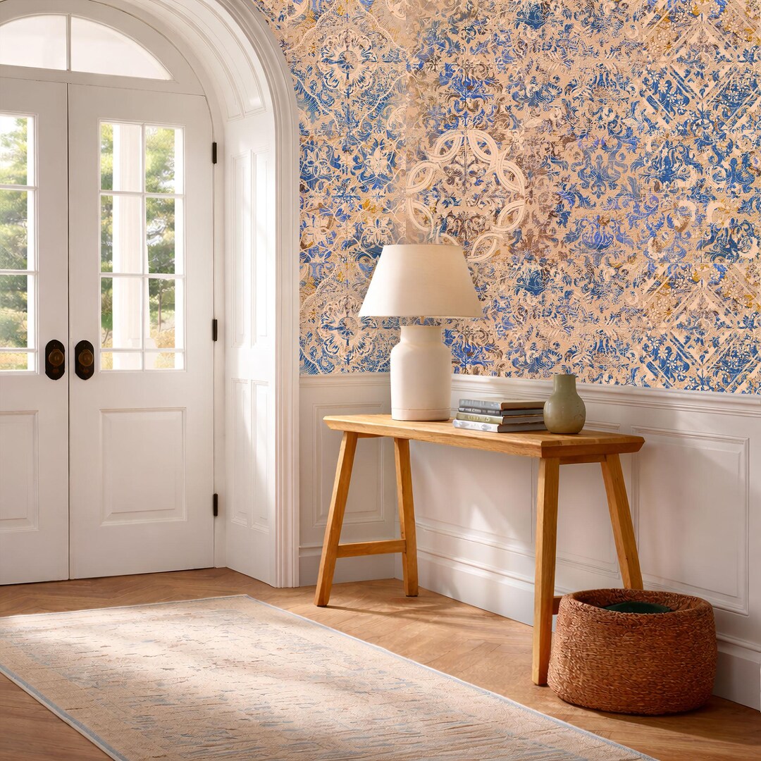 Damask Blue Beige Wallpaper Mural, Peel and Stick Removable Wall Paper ...