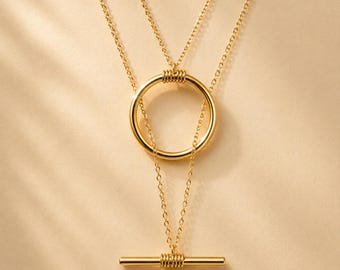 Gold T Bar Necklace, Layered Statement Circle Pendant, Double Chain Layered Necklace, Minimalist Gold Everyday Jewelry, Gift for Her