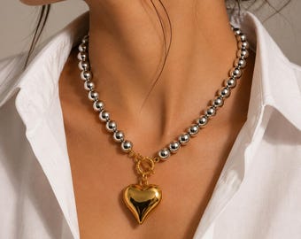Gold Heart Pendant Necklace, Two Tone Chunky OT Necklace, Stainless Steel Toggle Clasp Collar Necklace, Statement Jewelry for Her