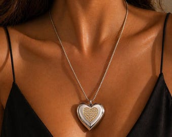Chunky Heart Necklace, Silver Heart Pendant, Dainty Statement Jewelry, Crystal Heart Necklace, Minimalist Jewelry, Gift for Her