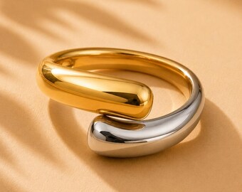Two Tone Statement Ring, Mixed Metal Open Cuff Ring, Chunky Gold Silver Ring, 18K Gold Plated Minimalist Jewelry, Gift for Her