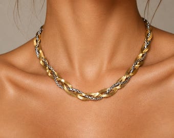 Two Tone Braided Chain Necklace, Mixed Metal  Twist Necklace, 18K Gold Plated Chunky Gold Silver Chain, Minimalist Statement Jewelry