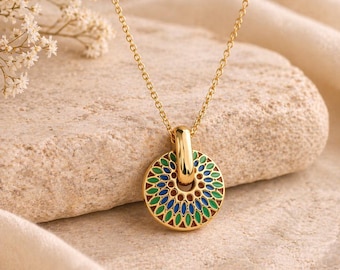 Gold Mandala Pendant Necklace, 18K Gold Plated Stainless Steel Necklace, Colourful Enamel Disc Necklace, Waterproof Jewellery, Gift for Her