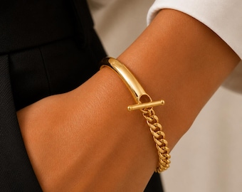 Gold T Bar Chain Cuff Bracelet, Toggle Clasp Gold Bangle Bracelet, Minimalist Statement Jewelry, Modern Gold Bracelet, Gift for Her