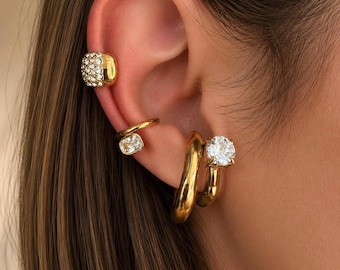 Set of 3 Gold Ear Cuffs, No Piercing Ear Cuff Set, 18K Gold Plated Stainless Steel Ear Cuffs, CZ Cartilage Earrings, Statement Ear Wrap Set