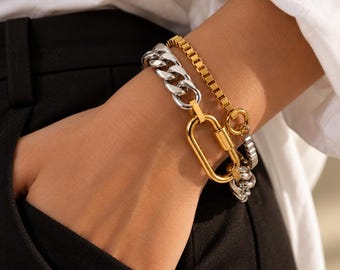 Mixed Metal Chunky Chain Bracelet, Two Tone Layered Bracelet Stack, Gold Carabiner Silver Cuban Chain, Statement Jewellery Gift for Her