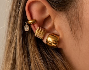 Set of 3 Gold Ear Cuffs, No Piercing Earrings, Gold Plated Stainless Steel Ear cuff Set, Statement Cartilage Earrings, Chunky Ear Wrap