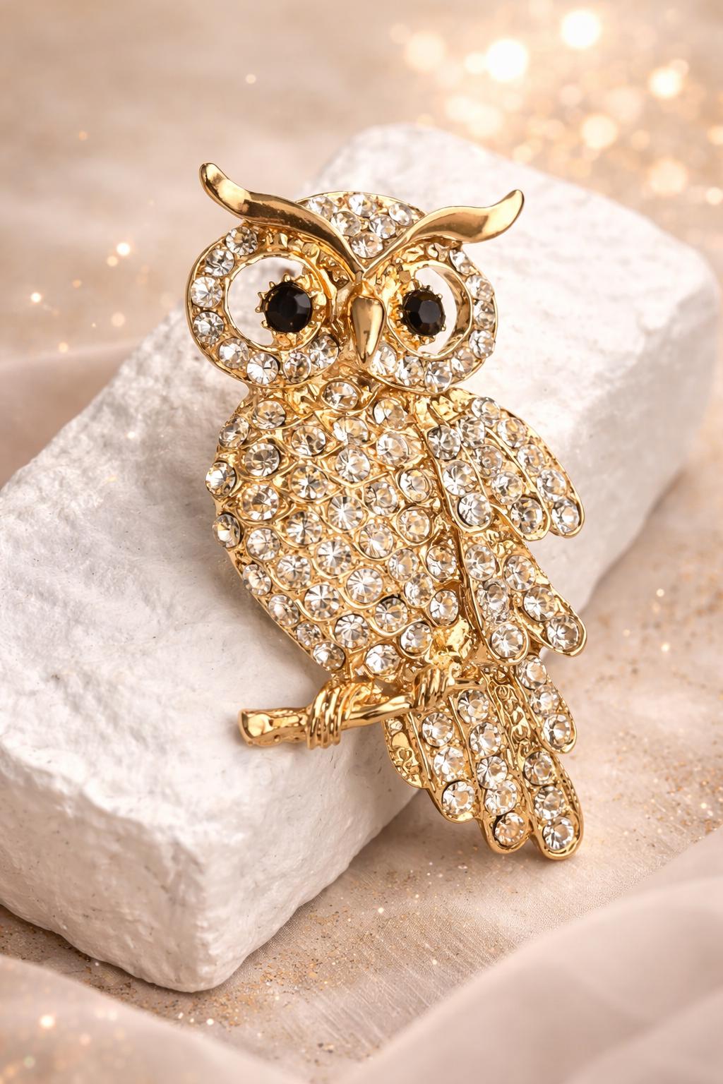Vintage Style Owl Brooch, Crystal Owl Pin, Gold Tone Rhinestone Owl Brooch, Animal Bird Brooch, Stat