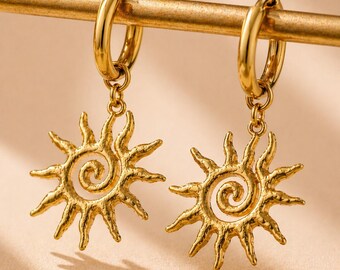 Gold Sun Hoop Earrings, 18K Gold Plated Stainless Steel Earrings,  Celestial Sun Earrings, Waterproof Statement Jewellery, Gift for Her UK