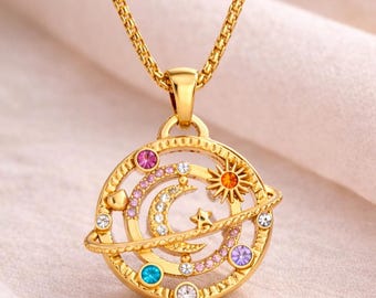 Gold Celestial Necklace, Sun Moon Star Pendant, Dainty Galaxy Necklace, Minimalist Gold Jewelry, Cosmic Necklace, Gift for Her