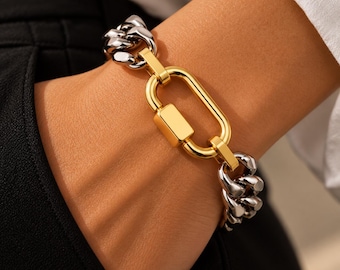 Mixed Metal Chunky Chain Bracelet, Two Tone Carabiner Bracelet, Cuban Chain Statement Bracelet, Bold Link Jewelry, Unique Gift for Her