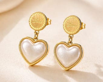 Gold Drop Earrings, Mother of Pearl Heart Earrings, 18K Gold Plated Stainless Steel, Dainty Drop Earrings, Wedding Jewellery
