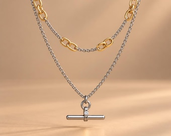 Collar con colgante en forma de T de dos tonos y capas, conjunto de collar de metales mixtos, colgante en forma de T de plata, cadena de oro y plata, joyería minimalista, regalo para ella.