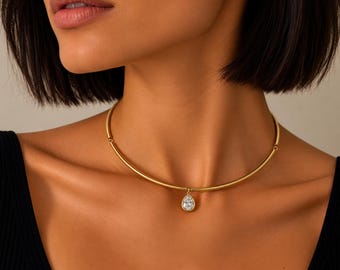 Gold Collar Necklace, Teardrop Pendant Choker, Marquise Cut Crystal Pendant Necklace, Minimalist Statement Jewelry, Gift for Her