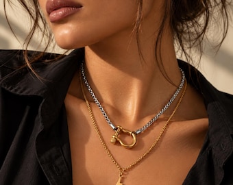 Mixed Metal Layered Necklace Set, Two Tone Gold Silver Necklace, Chunky Carabiner Chain & Lightning Bolt Pendant, Unique Jewellery Gift