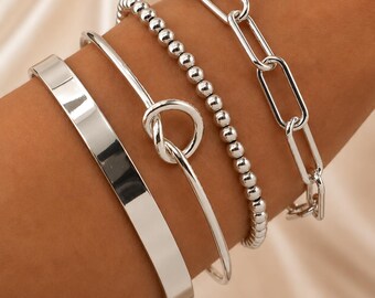 Silver Stackable Bracelet Set of 4, Bangle Chain Bracelets, Dainty Open Cuff Bracelet Set, Beaded Chain Cuff Set, Elegant Jewelery Gift