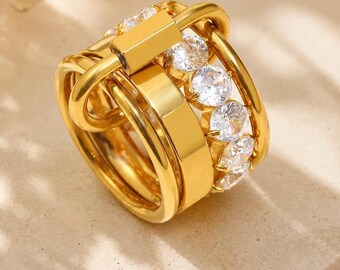 Interlocking Gold Ring Stack, Multi Band Layered CZ Rings, 18K Gold Plated Intertwined Statement Ring, Luxury Jewelry Gift for Her