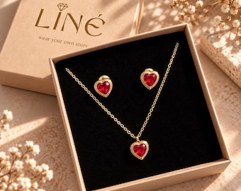 Red Heart Jewelry Set, Gold Necklace Earrings Set, Crystal Heart Pendant, Romantic Gift for Her, Dainty Gold Jewelry Set, Valentine Gift