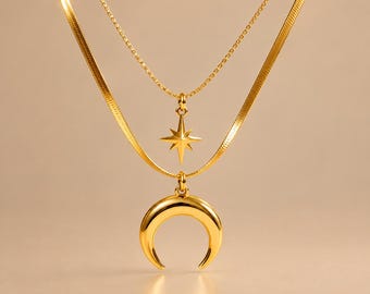 Gold Layered Necklace, Star & Crescent Moon Pendant, Double Chain Necklace, 18K Gold Plated Stainless Steel, Celestial Jewellery Gift