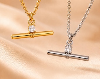 Gold T Bar Necklace, Dainty Toggle Pendant, Silver T Bar Diamond Necklace, Gold Plated Stainless Steel, Minimalist Jewelry Gift for Her