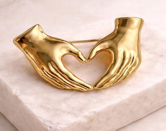 Gold Hands Heart Brooch Pin, Love Hands Brooch, Zinc Alloy Statement Brooch, Romantic Jewellery Gift, Valentine’s Gift, Modern Art Brooch