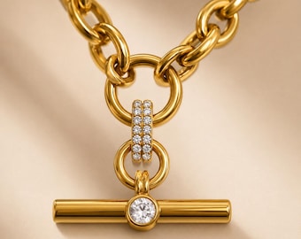Chunky Gold T Bar Necklace, Crystal Bar Pendant Necklace, 18K Gold Plated Stainless Steel Toggle Necklace, Luxury Jewelry Gift for Her