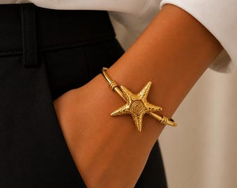 Gold Starfish Cuff Bracelet, Beach Jewelry, Ocean Inspired Bangle, Summer Jewelry, Waterproof Stainless Steel, Vacation Gift for Her