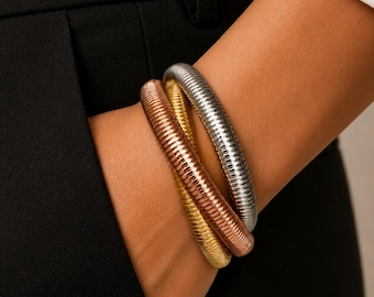 Three Layer Bracelet, Mixed Metal Bangle Bracelet, Gold Plated Stretch Bangle, Snake Chain Statement Bracelet, Luxury Jewelry Gift for Her