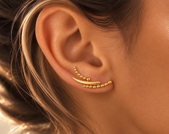 Gold Ear Climber Earrings, Ear Crawler Angel Wing Studs, 18K Gold Plated Stainless Steel Earrings, Minimalist Ear Climbers, Gift for Her