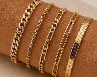 5 Piece Gold Layered Bracelet Set, 18K Gold Plated Alloy, Minimalist Stackable Jewellery, Dainty Chain Bracelet Set