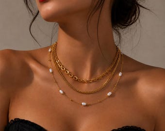 Gold Layered Necklace Set, Pearl Necklace Stack, Gold Plated Stainless Steel Necklace,  Minimalist Jewelry, Gift for Her
