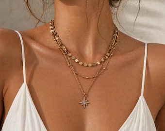 Triple Layered Necklace, Gold Starburst Pendant, 18K Gold Plated Stainless Steel Mixed Chain Jewellery, Summer Jewellery, Gift for Her
