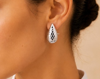 Statement Teardrop Earrings, Chunky Silver Stud Earrings, Bold Textured Studs, Large Silver Plated Earrings, Minimalist Jewelry Gift,