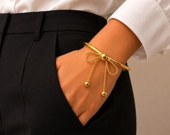 Dainty Bow Bracelet, Gold Cuff Stacking Bracelet, Minimalist Gold Jewelry, Bow Layering  Bangle, Open Cuff Adjustable Bracelet, Gift for Her