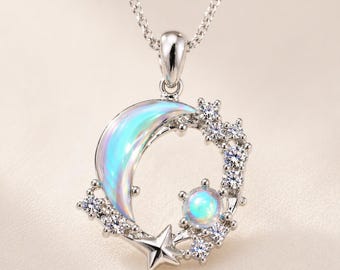 Opal Moon Star Necklace, Sterling Silver Crescent Moon Necklace, Celestial Pendant Necklace, Dainty Silver Jewelry Gift for Her