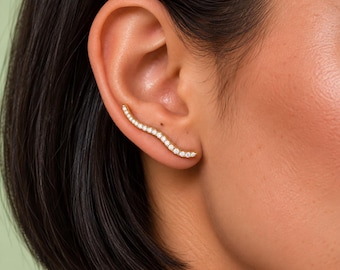 Gold Ear Climbers, Rhinestone Ear Crawler Earrings, Crystal Studs, Sparkly Gold Earrings, Minimalist Jewellery Gift for Her