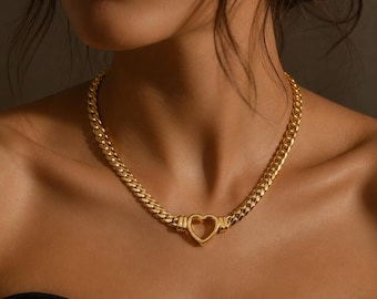 Gold Heart Chain Necklace, Chunky Gold Collar Necklace, 14K Gold Plated Stainless Steel Necklace, Statement Jewelry