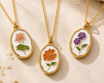 Collar con flor de nacimiento, collar con colgante floral dorado, joyería del mes de nacimiento, colgante de flor esmaltada, collar floral chapado en oro