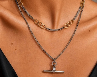 Two Tone Layered Necklace, Mixed Metal Necklace Set , Silver T Bar Pendant , Gold and  Silver Chain, Minimalist Jewlery, Gift for her