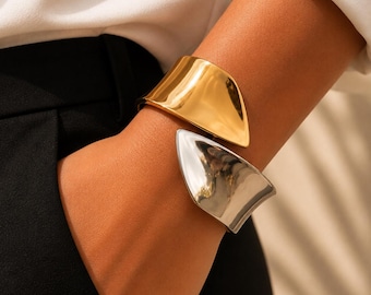 Mixed Metal Bangle Bracelet, 18K Gold Plated Stainless Steel Bracelet, Sculptural Two Tone Cuff, Statement Bracelet Gift for Her