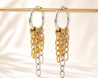 Two Tone Hoop Earrings, Gold Silver Chain Dangle Earrings, Statement Drop Hoops, Chunky Chain Earrings, Trendy Jewelry, Gift for Her