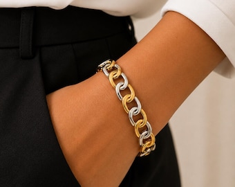 Mixed Metal Bangle Bracelet, Two Tone Chain Bracelet, Stackable Hinged Cuff Bracelet, Gold Plated Statement Jewelry, Birthday Gift for Her