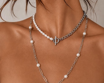 Layered Freshwater Pearl Silver Necklace Set, Toggle Clasp Necklace, Pearl & Stainless Steel Chain Necklace, Waterproof Jewelry