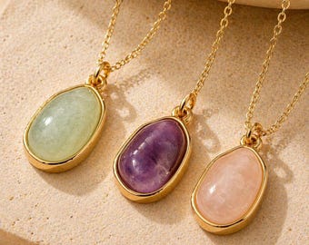 Gold Gemstone Necklace, 18K Gold Plated Stainless Steel Pendant, Dainty Crystal Necklace, Minimalist Jewellery Gift for Her