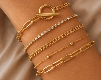 5 Piece Gold Layered Bracelet Set, 18K Gold Plated Alloy Jewellery, Toggle Clasp Paperclip Bracelet Stack, Dainty Minimalist Chain Bracelets