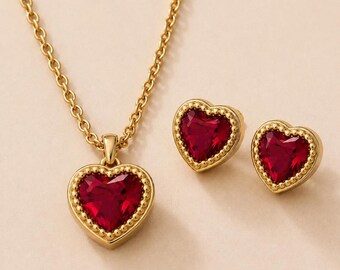 Red Heart Jewelry Set, Gold Necklace Earrings Set, Crystal Heart Pendant, Romantic Gift for Her, Dainty Gold Jewelry Set, Valentine Gift