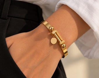 Gold Bangle Bracelet, Minimalist Hinged Cuff, PVD Gold Plated Stainless Steel Bracelet, Unique Statement Jewellery, Gift for Her